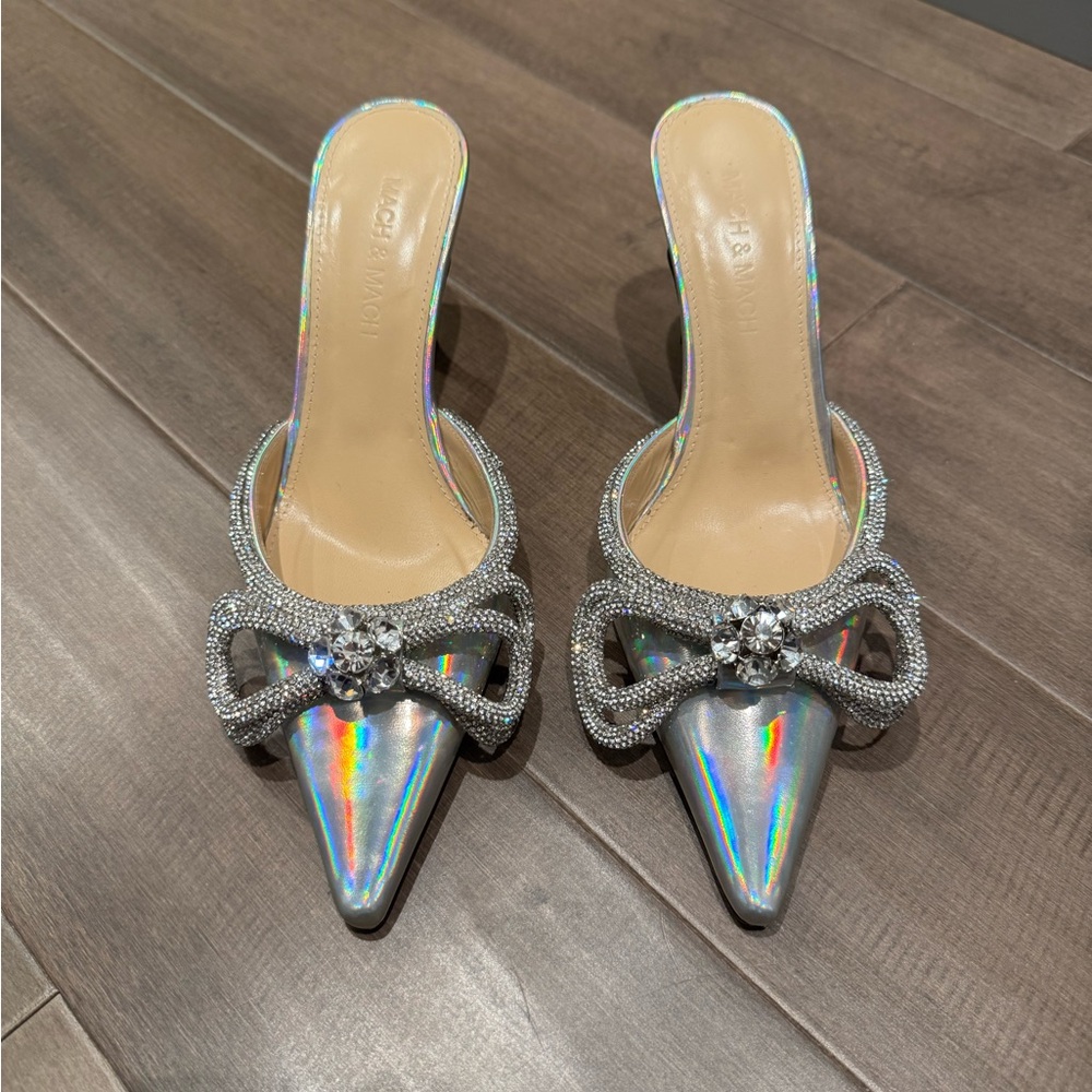 Elegant Silver Women's Heels with Rhinestone Bow